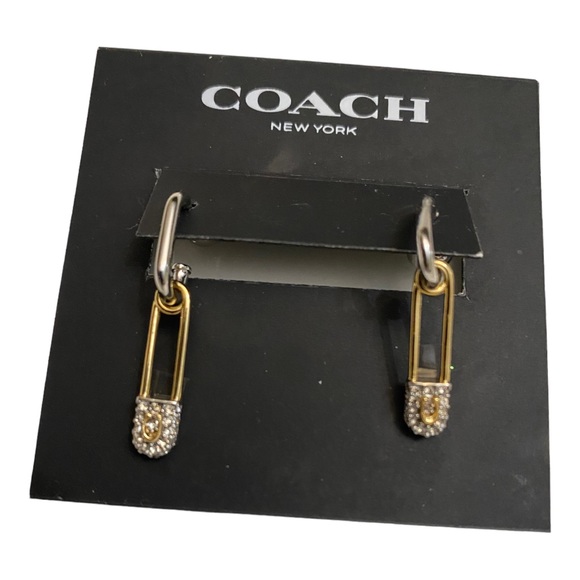 Coach Earrings Sparkling Safety Pins w Loops 14k Gold Plated w Crystals NWT $85 - Picture 1 of 2